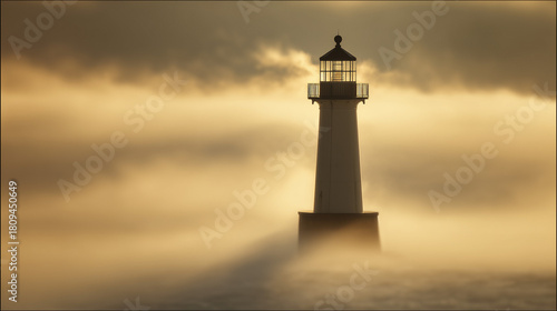 sailor. Lighthouse beam cutting through morning fog at a coastal maritime scene. travel magazines, destination branding, designed for outdoor magazines and nature guides, used by event planners.