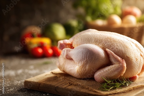Raw whole chicken on wooden board, surrounded by fresh vegetables