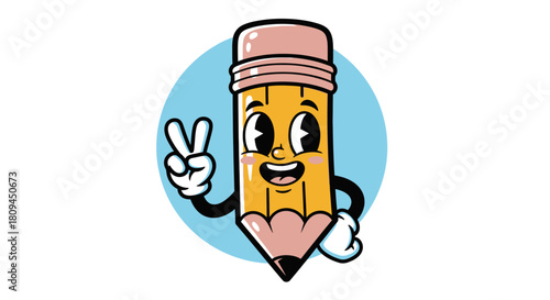 A cheerful cartoon pencil character with a happy face and white gloves giving a peace sign gesture.