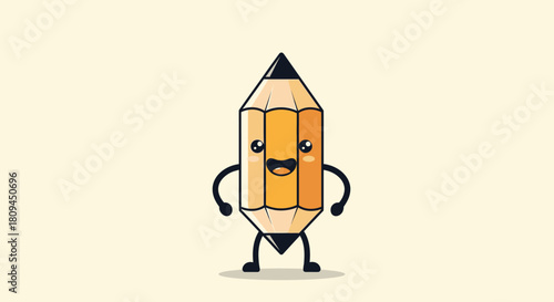 A cute cartoon pencil character with a smiling face, arms, and legs, standing on a light background.