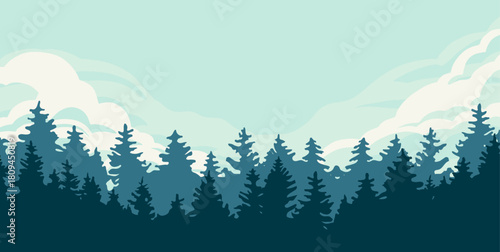 Landscape panoramic vector illustration with forests and mountains. Silhouettes of trees and hills. Adventure and Travel.