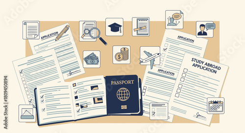 Image showing various documents and items related to the study abroad application process.