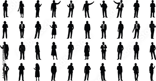 Large set of diverse business people silhouettes, black vector image of professional men and women in suits standing and posing for corporate team