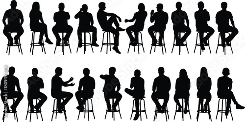 Large set of diverse people sitting on bar stools, black vector silhouettes of men and women casually seated, talking, and relaxing, isolated on white background.