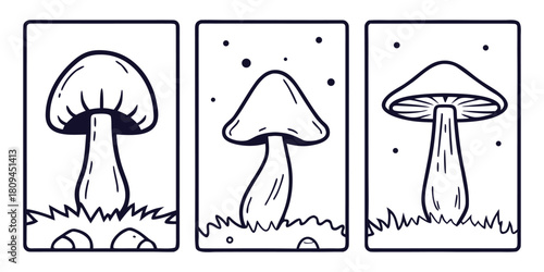 Three simple line drawings of mushrooms on a white background.