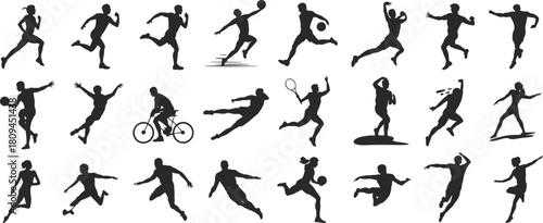 Set of active people and athlete silhouettes, black vector image of men and women running, cycling, playing basketball, tennis, and various sports