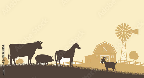 Flat minimalist vector silhouettes of farm animals including cow, horse, pig, and goat.