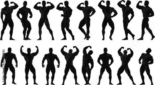 Set of bodybuilder silhouettes, black vector image of muscular men posing and flexing muscles for competition, fitness, and strength training concepts,