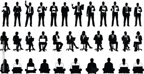 Set of business people working, black vector silhouettes of men and women standing, sitting in chairs, and cross-legged using laptops and documents,