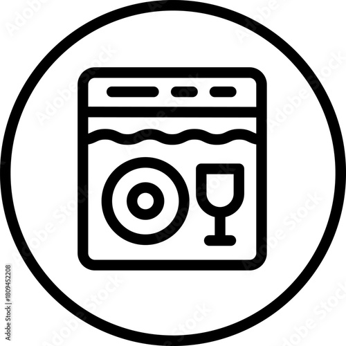 Dishwasher Line Icon with Plate, Wine Glass, and Water Symbols for Kitchen and Clean Dishes