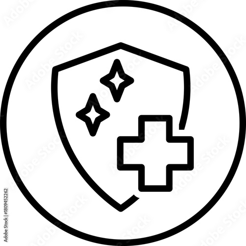 Medical Shield Line Icon — Protective Emblem with Medical Cross and Shine Symbols