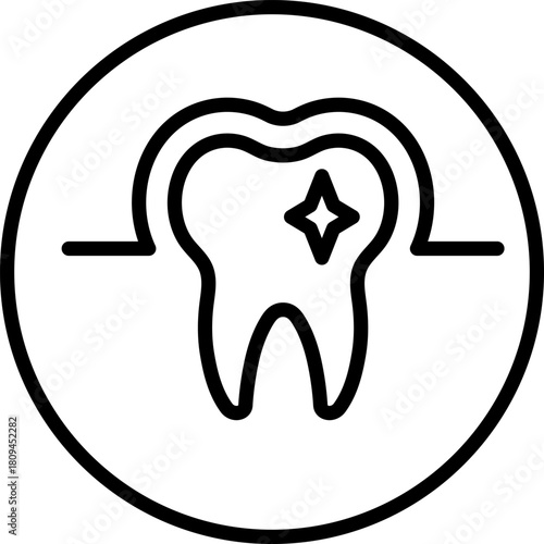 Dental Care Line Icon — Protected Molar Tooth with Shine Symbol
