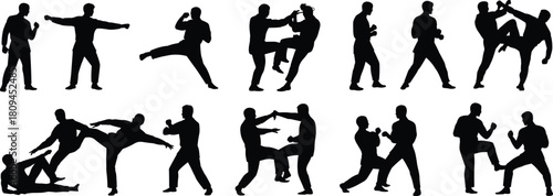 Set of combat and martial arts fighter silhouettes, black vector image of men fighting, performing high kicks, punches, and self-defense movements,