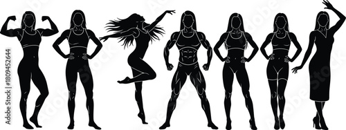 Set of female fitness silhouettes, black vector image of strong women bodybuilding, posing, dancing, and celebrating success for health and wellness concepts,