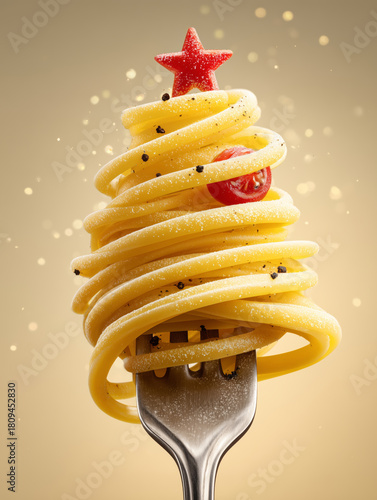 Twirling pasta forms a festive Christmas tree with colorful toppings