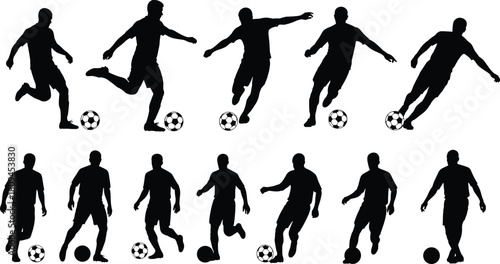 Black Silhouette Set of Twelve Male Football (Soccer) Players, Isolated on White Background, Showing Various Dynamic Action Poses While Kicking and Dribbling.