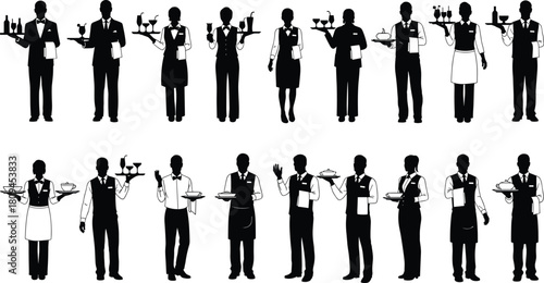 Set of waiter and waitress silhouettes, black vector image of professional service staff carrying trays with drinks and food, isolated on white background.