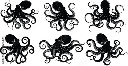 Black Silhouette Set of Six Octopuses with Detailed Suction Cups, Isolated on White Background, Showing Various Poses with Curled Tentacles.