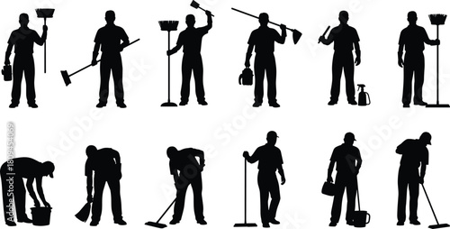 Black Silhouette Set of Janitors or Cleaners with Tools, Isolated on White Background, Showing Various Poses While Sweeping, Mopping, and Working.