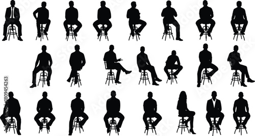 Black Silhouette Set of Diverse People Sitting on Bar Stools, Isolated on White Background, Showing Various Poses for Interview, Meeting, or Leisure.