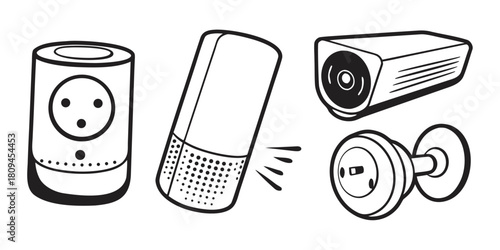 This image shows a collection of smart home devices, including a smart speaker, a security camera, and a smart plug.