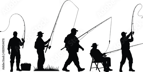 Black Silhouette Set of Five Fishermen with Fishing Rods, Isolated on White Background, Showing Various Poses While Casting and Relaxing.