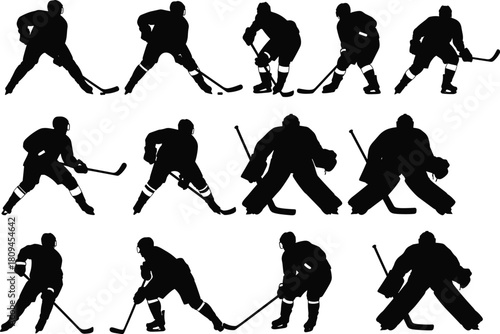 Black Silhouette Set of Ice Hockey Players, Including Goalkeepers, Isolated on White Background, Showing Various Action and Skating Poses.