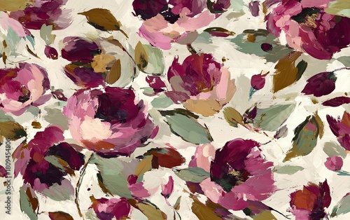 Floral pattern featuring painterly blooms in shades of pink, purple, and green on off-white