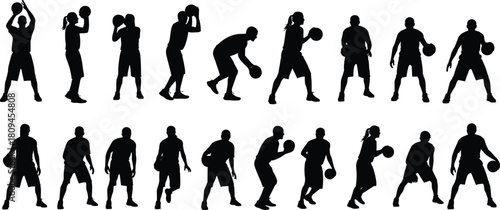 Black Silhouette Set of Diverse Basketball Players, Male and Female, Isolated on White Background, Showing Various Action Poses.