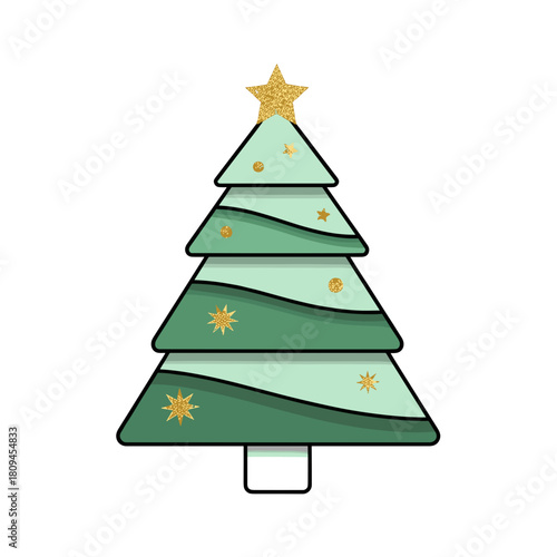 stylized layered christmas tree with decorations and a gold star for holiday greetings, festive banners, seasonal craft design, and winter blogs