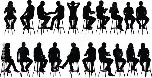 Black Silhouette Set of Diverse People Sitting on Bar Stools, Isolated on White Background, Showing Various Poses and Interactions.