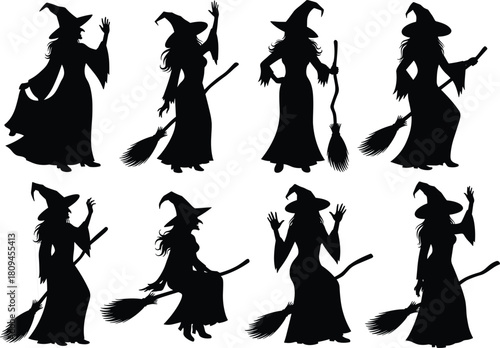 Vector Collection of Female Witch Silhouettes Wearing Pointed Hats and Holding Broomsticks Illustrating Halloween, Magic, Spells, and Fantasy Themes