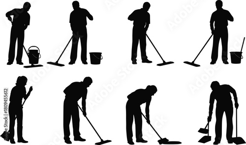 Vector Collection of Janitor and Cleaning Service Silhouettes Mopping Floors, Sweeping, and Using Buckets Illustrating Professional Housekeeping and Maintenance Work