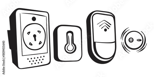 A collection of smart home devices including a thermostat, thermometer, and wireless sensor are depicted.