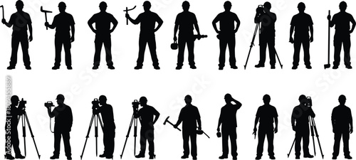 Vector Collection of Construction Worker and Surveyor Silhouettes Holding Tools and Theodolites Illustrating Civil Engineering and Industrial Hard Hat Jobs