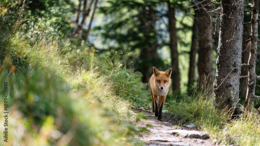 Obraz premium A red fox walking along a sunlit forest path, surrounded by trees and tall grasses. Concept Red fox, Sunlit forest path, Trees and tall grasses, Wildlife photography, Dappled light