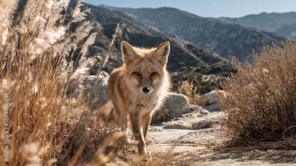 Obraz premium A fox walking through dry grass in an arid landscape with mountains in the distance. Concept Fox walking through dry grass in an arid landscape, Distant mountains over a parched desert terrain