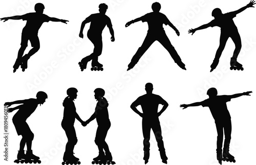 Vector Collection of Inline Roller Skate Silhouettes Illustrating People Skating in Various Dynamic Poses and Engaging in Outdoor Summer Sports Activity