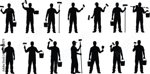 Vector Collection of Professional Painter Silhouettes Holding Paint Rollers, Brushes, and Buckets Isolated Illustrating Renovation and Decorating Work