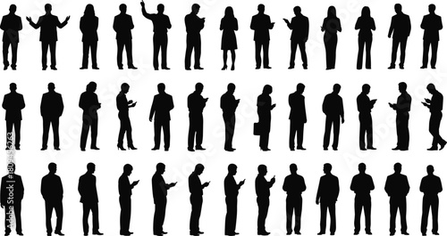 Large Group of Diverse Standing Business People Silhouettes Collection Engaged in Various Professional and Casual Activities Holding Smartphones and Tablets
