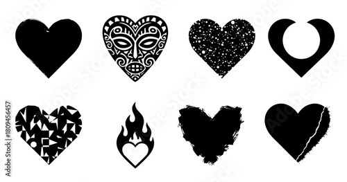 Collection of eight diverse black heart shapes on white background