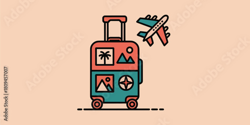 A suitcase with travel stickers and a plane flying next to it on a light orange background color