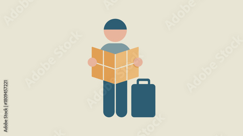 A traveler with a hat looking at a map standing next to a suitcase in a minimalist vector design