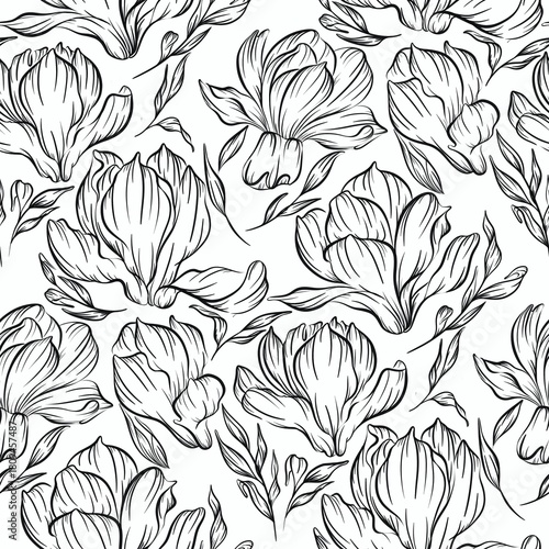 Elegant seamless pattern featuring magnolia blossoms and graceful leaves. Perfect for adding a sophisticated touch to wedding invitations,stationery, fabric design, wallpaper.