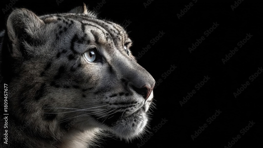 Obraz premium Close-up profile of a snow leopard with pale fur, blue eyes, and dark spots against a black background. Concept Snow leopard close-up, pale fur and blue eyes, dark spots, black background
