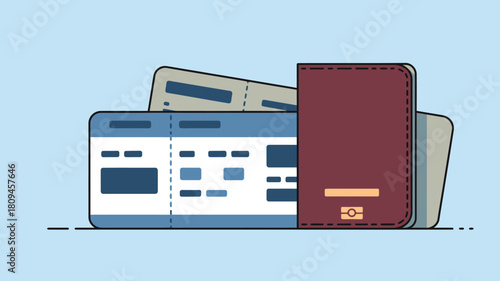 Illustrated image of a passport and plane tickets on a light blue background in a simple cartoon style