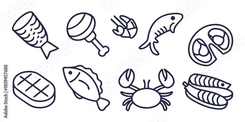 A collection of stylized food icons including fish, steak, chicken leg, shrimp, and crab.