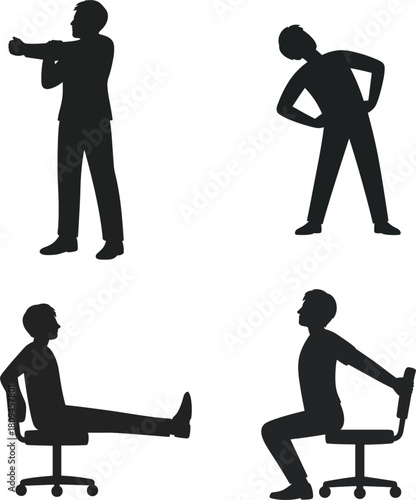 Office worker stretching after long work silhouette Four black silhouette figures performing office stretches and exercises