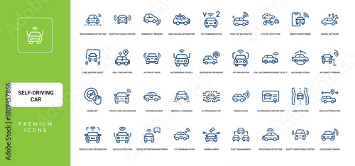 self-driving car vector line icon set