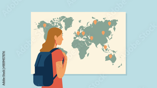 A woman with a backpack looks at a world map with pins indicating different locations on the continents